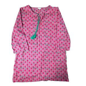 J.Crew Floral Tunic Dress Womens Large Pink Green Tassel Tie Cotton Cover Up Res